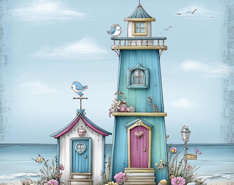Seaside Scrapbooking, seaside town, beach huts, ocean clipart, pastel houses, coastal art, boat scene, seaside decor, beach frame, seascape