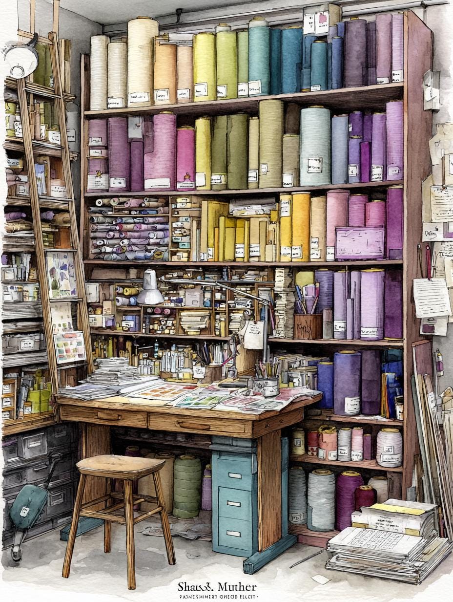 Craft Room, Sewing Stash, Fabric Rolls, Yarn Storage, Colorful Spools ...