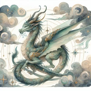 Jade el dragón mágico, arte fantástico, criaturas místicas, dragón, imágenes prediseñadas de dragón, bestias mágicas, imágenes JPG, diario basura, álbum de recortes