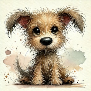 15 imágenes prediseñadas de perros desaliñados, imágenes en acuarela JPG de perros de dibujos animados, perritos desaliñados, cachorros locos, para todas tus necesidades de manualidades.