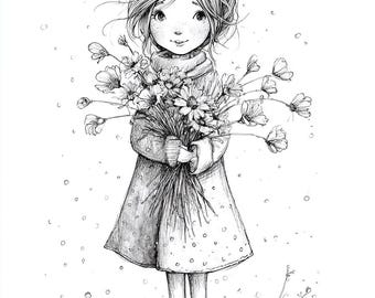 Flower Girl Art, Whimsical Sketch, Pen Ink Flowers, Spring Bouquet, Black White Art, Cute Girl Drawing, Floral Line Art, Hand Drawn Girl,