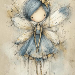 May include: A whimsical illustration of a fairy with blue hair and a matching dress. The fairy has large, delicate wings and is adorned with a yellow bow. The artwork has a soft, watercolor-like quality with a neutral background.