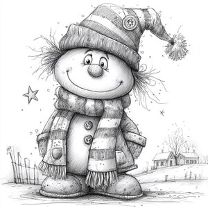 May include: A pencil sketch of a smiling snowman wearing a striped hat with a button detail and a pom-pom, a striped scarf, and a coat with button closures. The snowman is standing in a snowy landscape with a fence, a star, and houses in the background.