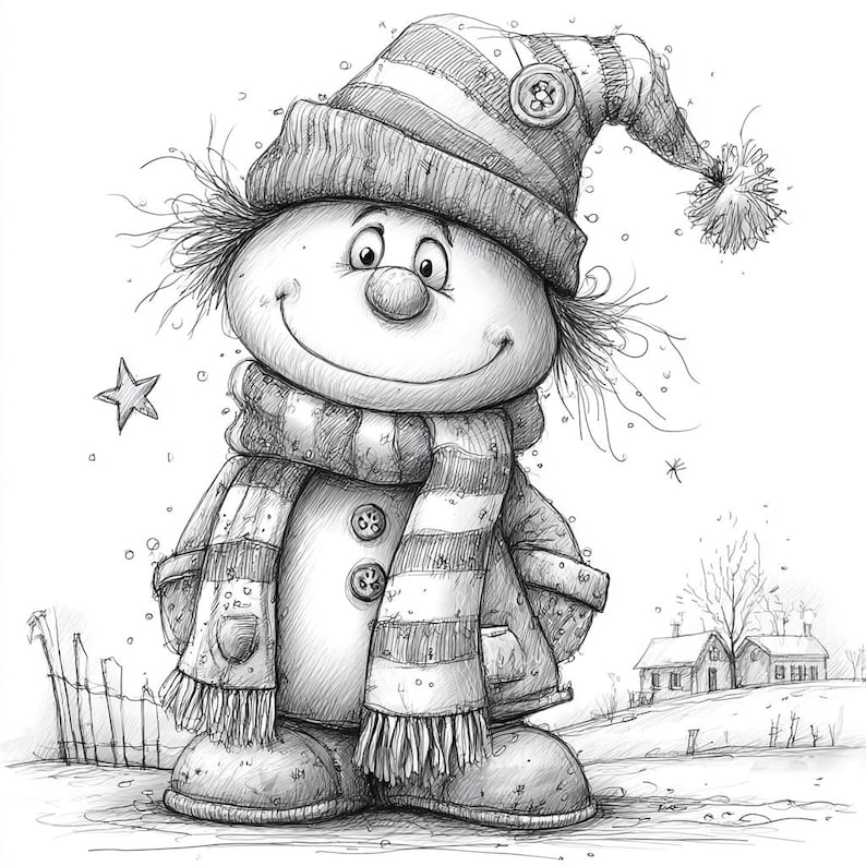 May include: A pencil sketch of a smiling snowman wearing a striped hat with a button detail and a pom-pom, a striped scarf, and a coat with button closures. The snowman is standing in a snowy landscape with a fence, a star, and houses in the background.