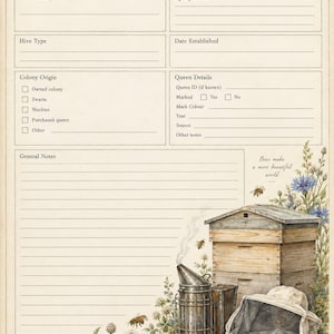 May include: A printed beekeeper's field book apiary record sheet with sections for hive details, colony origin, and queen information. The page features watercolor illustrations of a wooden beehive, smoker, gloves, veil, and bees with floral accents.