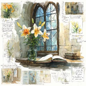 May include: Watercolor painting of a window with a vase of white and yellow lilies. An open book and a stack of books sit on the windowsill. The window has a stained glass design.