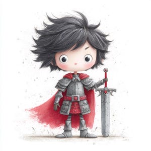 May include: A watercolor illustration of a young knight. The knight is wearing gray armor, a red cape, and a red belt. The knight is holding a large gray sword with a red handle. The knight has black hair and big eyes.