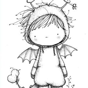 May include: A whimsical black and white illustration of a character in a dragon costume. The character has a hooded sweatshirt with dragon-like features, including wings, a tail, and antennae. The drawing style is simple and charming.