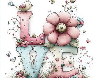 May include: A whimsical illustration spells out "LOVE" in pastel colors. The "L" and "E" are pink, the "V" is light blue, and the "O" is off-white. A bird perches on the "L", and a large pink flower sits atop the "E". Butterflies and flowers decorate the letters.