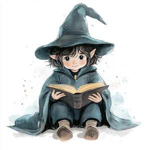 Babytovenaar, magisch boek, tovenaarshoed, schattige tovenaar, kleine tovenaar, spreukenboek, magisch kind, aquareljongen, blauwe mantel, jpg-afbeeldingen