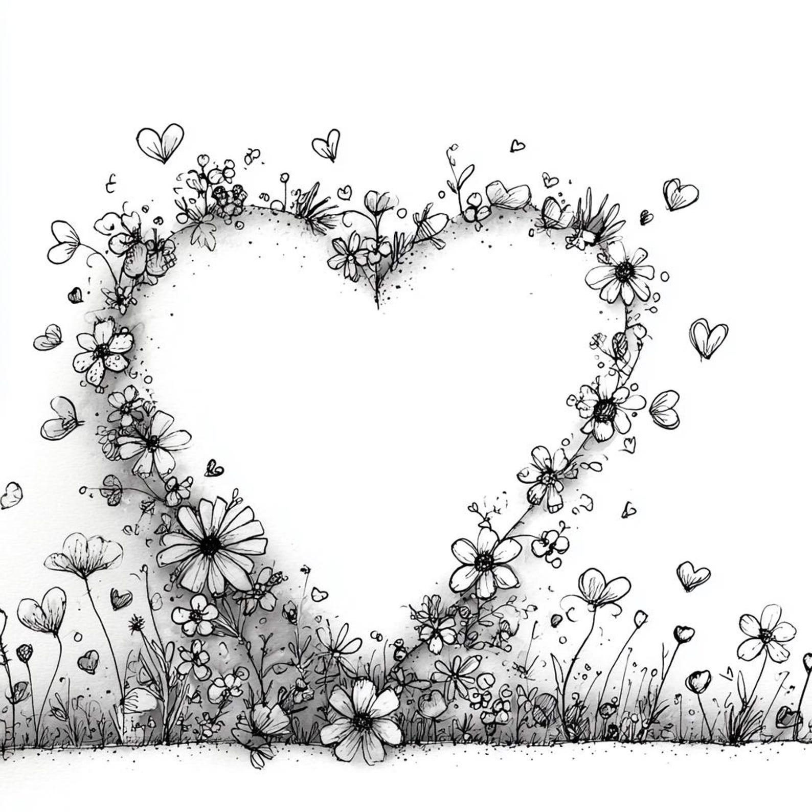 Hand-drawn Floral Heart Clipart, Black and White Flower Frame PNG ...