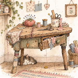 May include: A watercolour illustration of a weathered wooden sewing table with a drawer containing fabric scraps. On the table are a red pincushion, thread spools, scissors, and a mug. A small tabby kitten sleeps on the floor beneath the table.