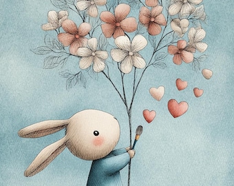 Painting hearts, whimsical bunny, cute bunny, fantasy bunny, heart balloons, botanical, spring decor, nature print, pastel art, cottagecore