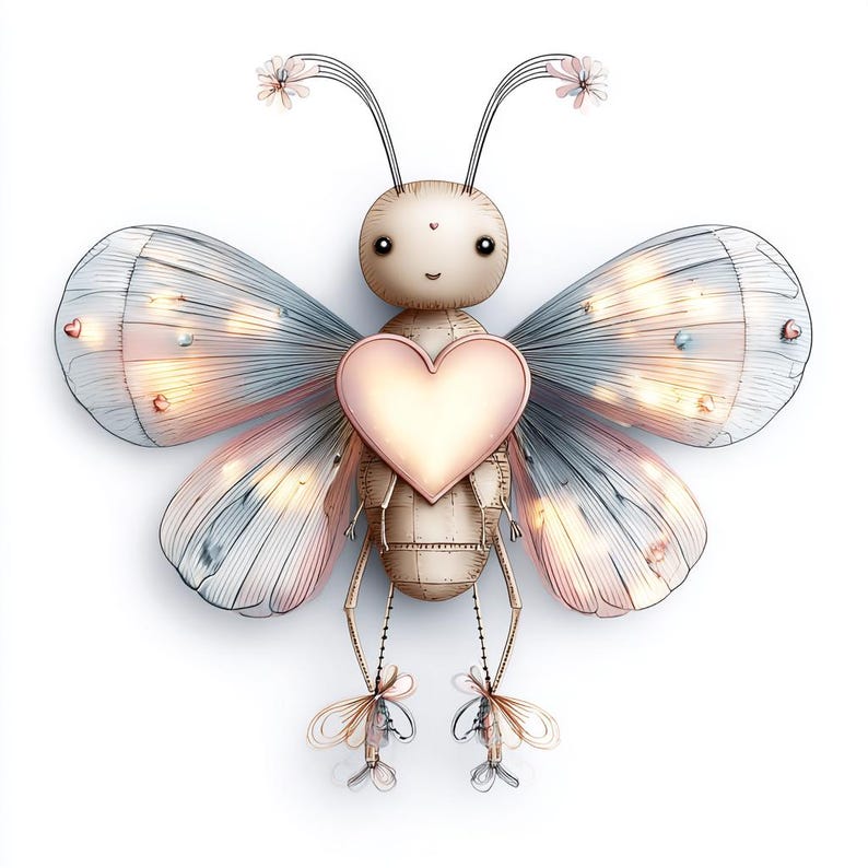 May include: A charming butterfly ornament featuring a heart-shaped centre and delicate, translucent wings in pink and blue hues. The butterfly has a light brown body and antennae with tiny flower details. The wings are adorned with small, sparkling accents.
