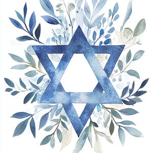 Davidster, Joodse clipart, Chanoeka-ster, blauwe bloemsierkunst, Hebreeuws decor, Judaïca print, Joods symbool, decoratieve ster, JPG-afbeeldingen