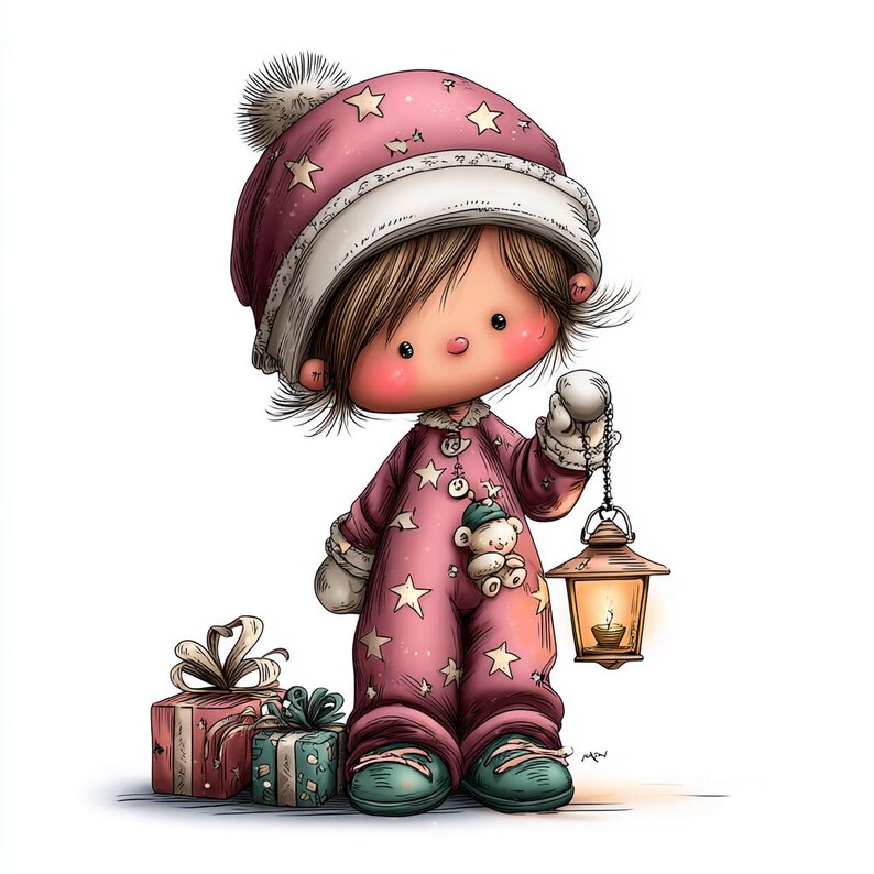May include: A cartoon illustration of a child in pink pajamas with star patterns, a matching hat, and green shoes. The child holds a lantern and stands next to wrapped gifts. A small teddy bear is attached to the pajamas.