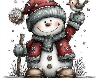Holly Snowman Clipart Set, Cozy Winter PNGs, Cute Christmas Digital Art