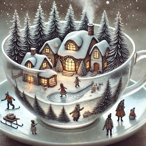 Villaggio invernale, arte della tazza da tè, illustrazione accogliente, scena innevata, arte stravagante, stile acquerello, decorazioni natalizie, fiaba, paese delle meraviglie invernale