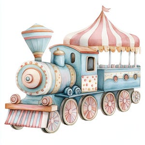 Train du cirque, petite locomotive, manège, décoration de train, oeuvre d'art pour chambre d'enfant, jouet vintage, train original, aquarelle, oeuvre d'art murale pour enfant, images JPG