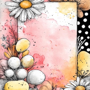 May include: Watercolor illustration featuring a pink and yellow background with floral elements. Daisies, stylized flowers, and abstract shapes surround a central white rectangle. Black and white polka dot border.