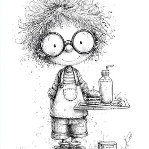 May include: A whimsical black and white illustration of a cartoon character wearing large glasses, overalls, and shorts. The character holds a tray with a burger and a drink. A small box sits on the ground. The drawing style is detailed with a sketchy, hand-drawn feel.