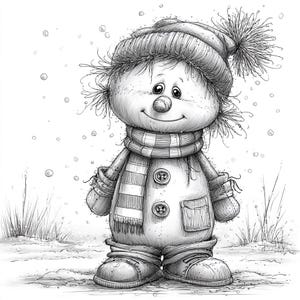 May include: A black and white illustration of a snowman wearing a hat with a pom-pom, a striped scarf, and mittens. The snowman has a buttoned coat and boots. Snowflakes fall around the snowman in a winter scene.