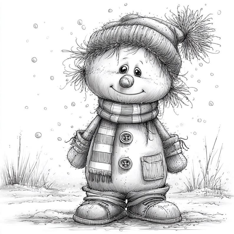 May include: A black and white illustration of a snowman wearing a hat with a pom-pom, a striped scarf, and mittens. The snowman has a buttoned coat and boots. Snowflakes fall around the snowman in a winter scene.