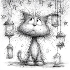 Stjärnklara morrhår, nyckfull katt PNG-set, klotterskiss katt clipart, lykta och stjärnkonst, drömlik nattillustration