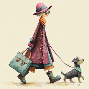 Puede incluir: Ilustración en acuarela de una persona paseando a un perro pequeño. La persona lleva un sombrero rosa, gafas de sol, un abrigo largo burdeos con lunares rosas y un bolso turquesa. El perro es negro y canela con un pañuelo turquesa.