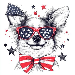Cane patriottico, arte canina degli Stati Uniti, cucciolo del 4 luglio, cane con occhiali da sole, stelle e strisce, cane con papillon, 4 luglio, cane divertente degli Stati Uniti, cucciolo delle feste, immagini jpg