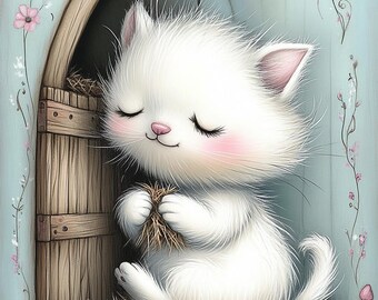 cozy kitten, barn cat, hay nest, cute fluff, white kitty, pastel pink, gentle pet, rustic charm, sleepy paws