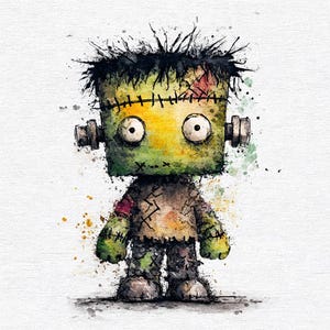 May include: Watercolor illustration of a Frankenstein's monster doll. The doll has a green and yellow square head, black hair, and stitched details. It has large, round eyes and is wearing a patched outfit. The artwork has a textured, watercolor effect.