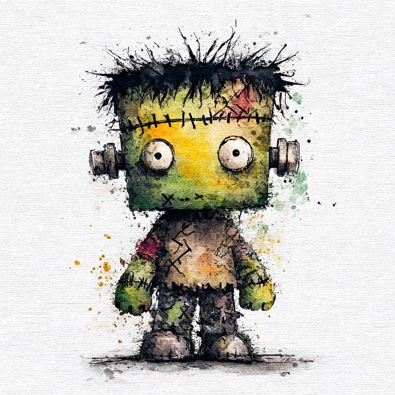 May include: Watercolor illustration of a Frankenstein's monster doll. The doll has a green and yellow square head, black hair, and stitched details. It has large, round eyes and is wearing a patched outfit. The artwork has a textured, watercolor effect.