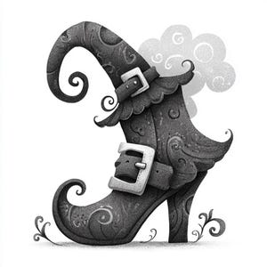 Puede incluir: Ilustración en escala de grises de una bota de bruja con tacón alto, hebilla y remolinos decorativos. La bota tiene una punta rizada y una bocanada en forma de nube encima. El diseño es detallado y caprichoso, perfecto para Halloween.