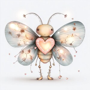 May include: A charming cartoon butterfly illustration featuring a heart-shaped body and a pink heart on its chest. The butterfly has light blue wings decorated with small flowers and lights, set against a white background.