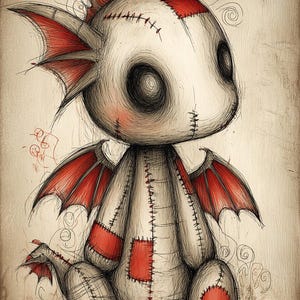 May include: Illustration of a stitched plush dragon with red wings and accents. The dragon has a white body with red patches and is drawn in a whimsical, gothic style. The artwork features detailed stitching and a vintage paper background.