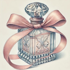 May include: A clear glass perfume bottle with a faceted stopper and a pink satin ribbon tied around the neck. The bottle has a decorative floral pattern.