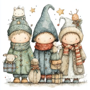 Frosty Friends, art hivernal pour enfants, amis givrés, clipart de jour de neige, art d'hiver confortable, enfants mignons de neige, enfant de Noël, scène enneigée, JPG