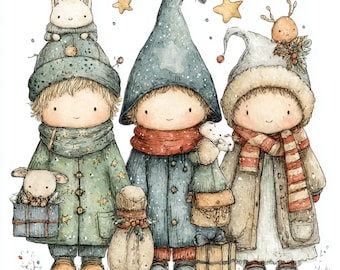Frostige Freunde, Winter Kunst, frostige Freunde, Schnee Tag Clipart, gemütliche Winter Kunst, süße Schnee Kinder, Weihnachtskind, verschneite Szene, JPGs