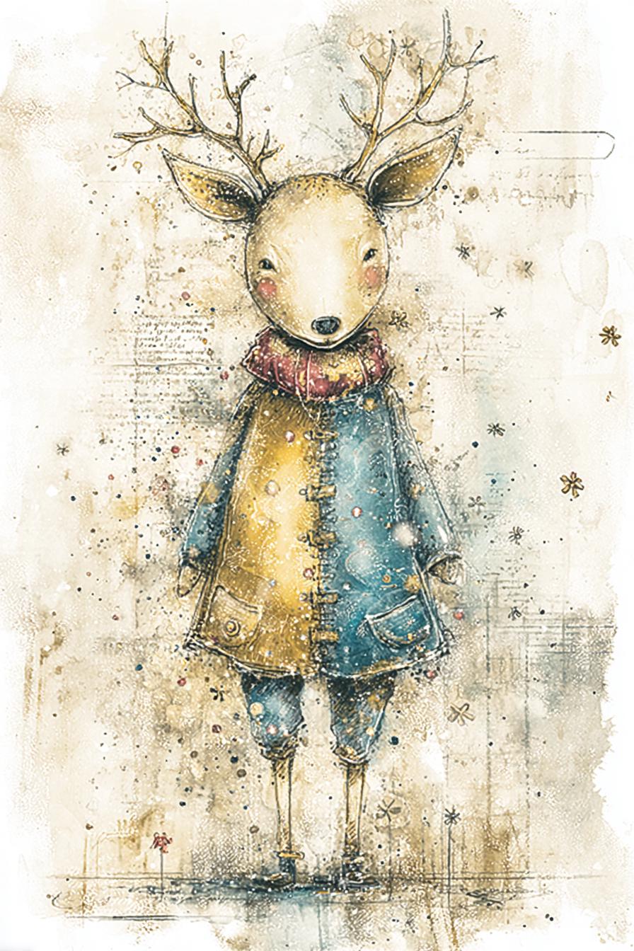 Whimsical Deer Illustration in Blue Coat and Scarf, Vintage Woodland ...