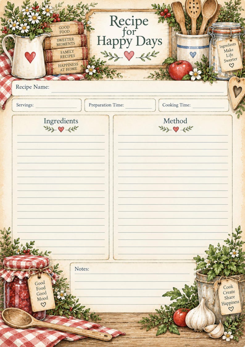 Family Recipe Keeper Printable Journal Pages, Vintage Kitchen Recipe ...