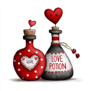 Puede incluir: Dos botellas de poción decorativas con tapones en forma de corazón. Una botella roja tiene lunares blancos y un corazón con la palabra "LOVE". La otra es gris con "LOVE POTION" y una cadena de corazones.
