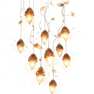 May include: Watercolor illustration of hanging acorn-shaped lights with a warm glow. The lights are brown with a textured cap and hang from delicate vines with autumn leaves. The background is white.