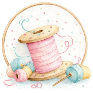 Puede incluir: Ilustración en acuarela de suministros de costura. Una gran bobina de hilo rosa se asienta sobre una base de madera, con bobinas más pequeñas en rosa, amarillo y azul. Un bastidor de bordado blanco está en el fondo, con confeti colorido.