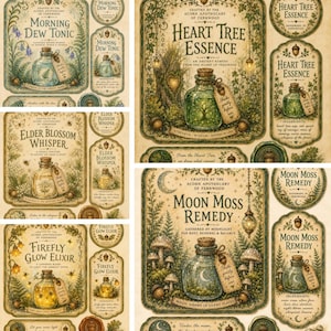 Op de afbeelding: Een verzameling labels en illustraties in vintage apothekersstijl met Morning Dew Tonic, Heart Tree Essence, Elder Blossom Whisper, Firefly Glow Elixir en Moon Moss Remedy, elk met gedetailleerde botanische tekeningen en glazen flessen.