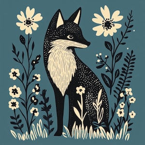 Art folklorique renard, renard lunatique, art de renard forestier, impression florale de renard, décoration boisée, art animalier vintage, renard rustique, art de renard mignon, affiche de renard