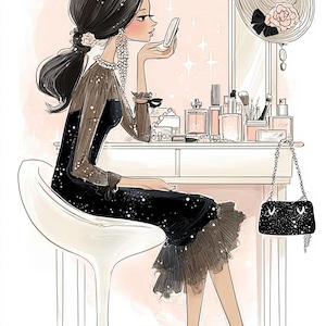 May include: Illustration of a woman seated at a vanity, applying makeup. She wears a black dress with a sheer overlay and high heels. A handbag, perfume bottles, and a hat with a rose are also visible.