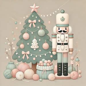 10 clipart aconchegante Cena de Natal com quebra-nozes pastel e árvore. Bolas de lã tricotadas, enfeites delicados, decoração de feriado em tons pastel. Na moda