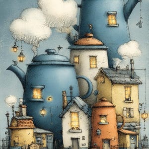 May include: A whimsical illustration depicting houses integrated into and around large blue teapots. The houses are in various colours, with lit windows and smoke rising from chimneys. Lanterns hang from the teapots and clouds.