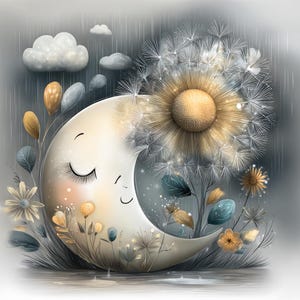 May include: A whimsical illustration features a crescent moon with closed eyes and a gentle smile. A large dandelion and various flowers and leaves surround the moon. The color palette includes soft yellows, blues, and grays, with a rainy background.